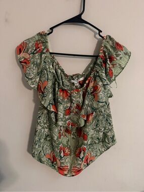 Guess Off-Shoulder Floral Ruffle Blouse in Sage and Coral